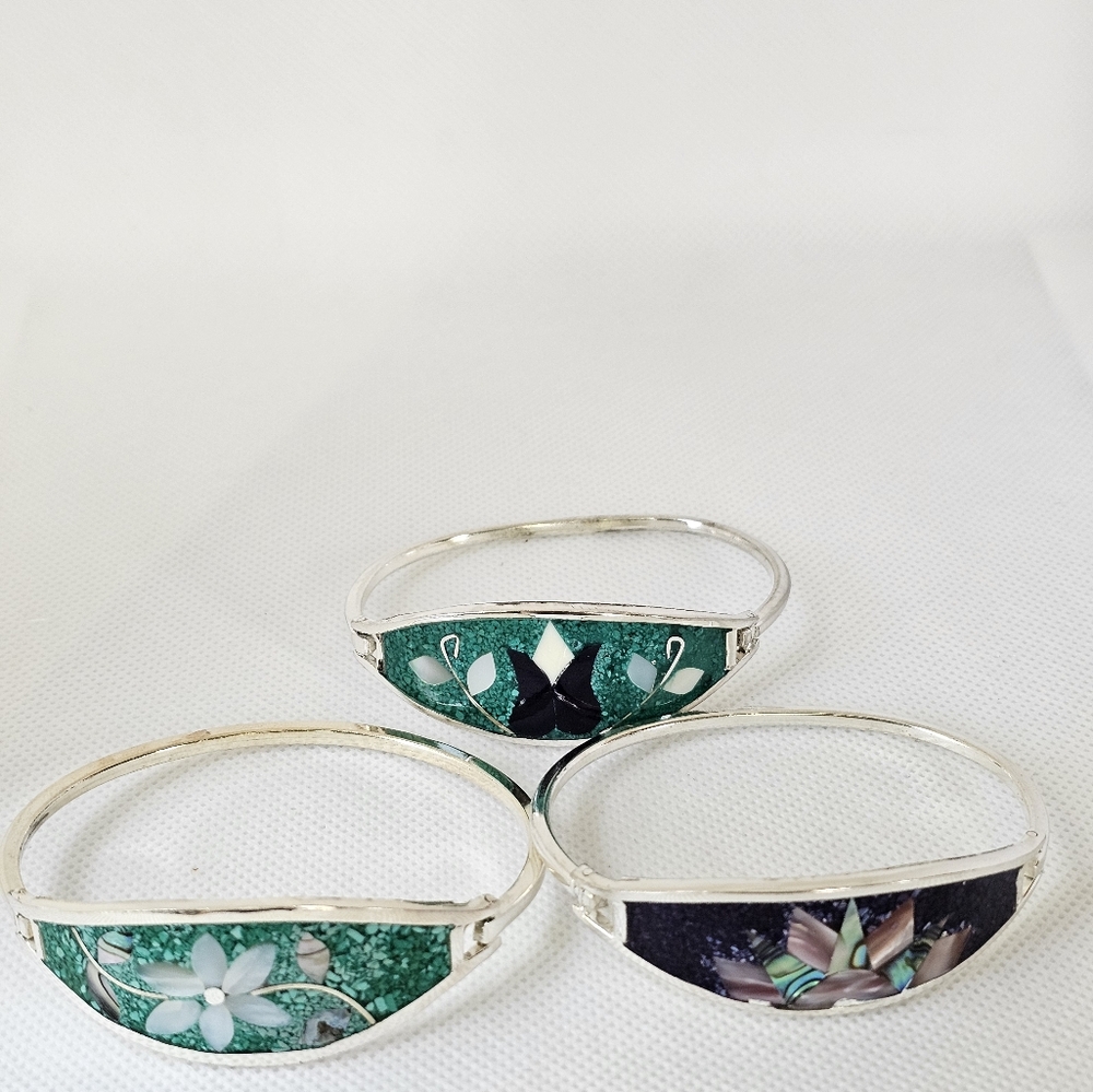 Vintage 3 Crushed Turquoise & Abalone Alpaca Silver Bracelets! - Picture 6 of 10
